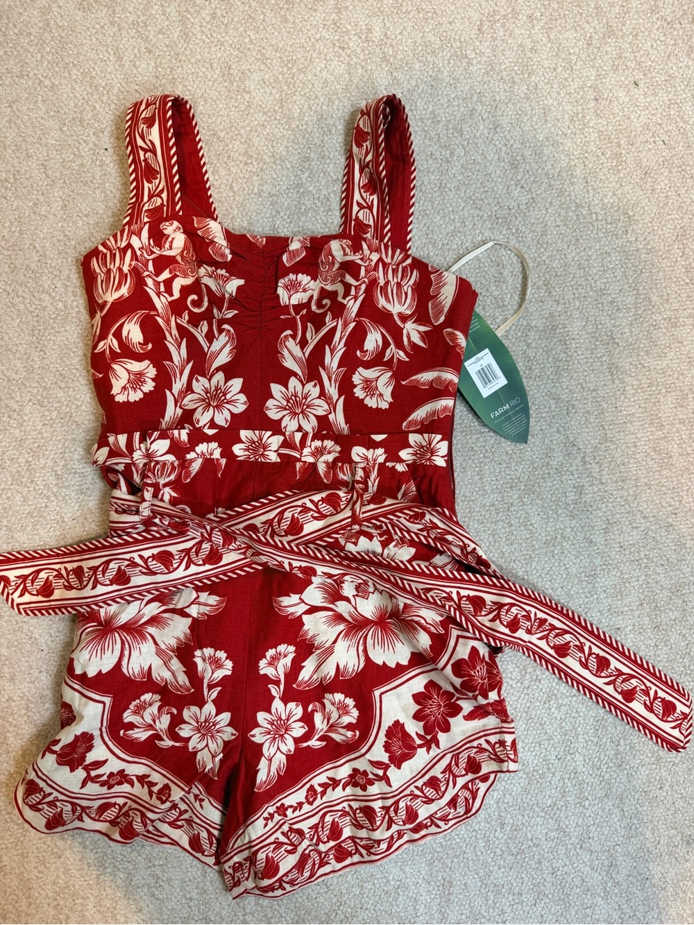 FARM Rio Red and Cream Floral Belted Linen-Blend Romper - Picture 2 of 2
